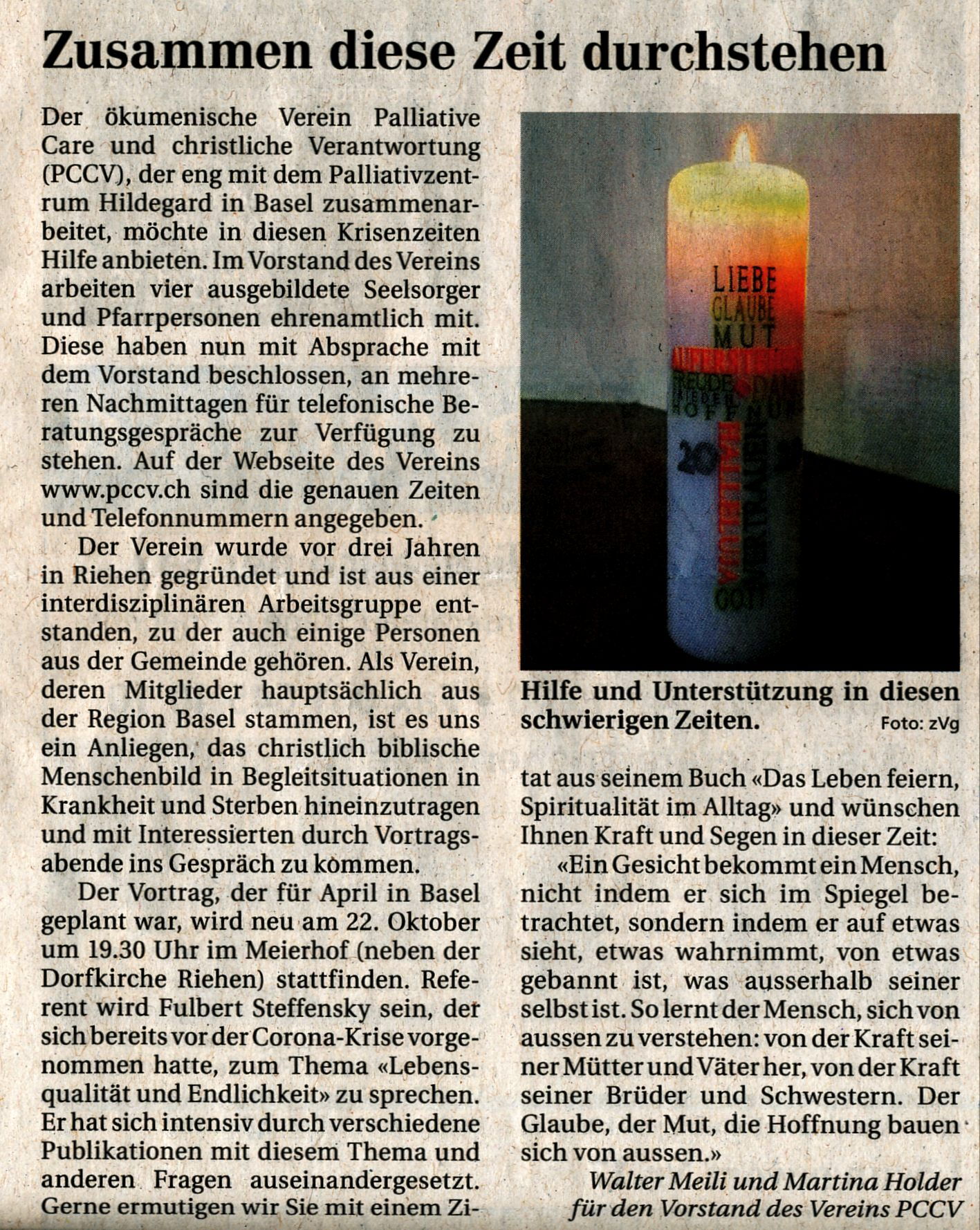 Artikel Riehener Zeitung über Verein PCCV